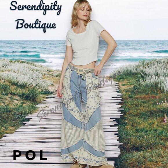 POL Floral Patchwork Frayed Edge Super Baggy Wide Flare Leg Cotton Denim Jeans - Picture 2 of 11